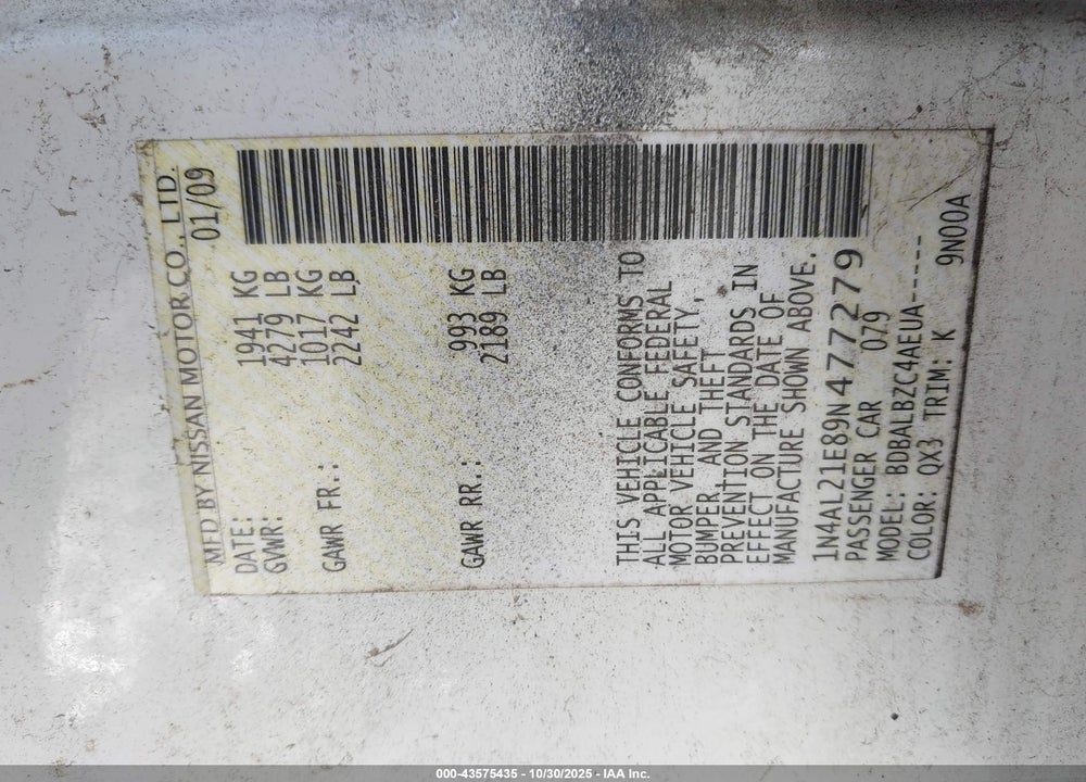 2009 NISSAN ALTIMA VIN: 1N4AL21E89N477279