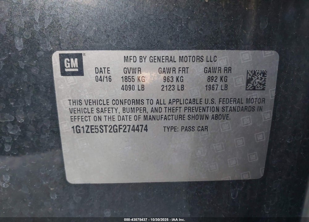 2016 CHEVROLET MALIBU VIN: 1G1ZE5ST2GF274474