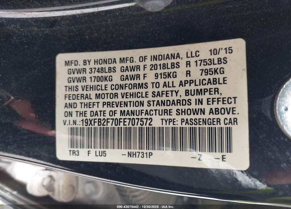 2015 HONDA CIVIC SE VIN: 19XFB2F70FE707572
