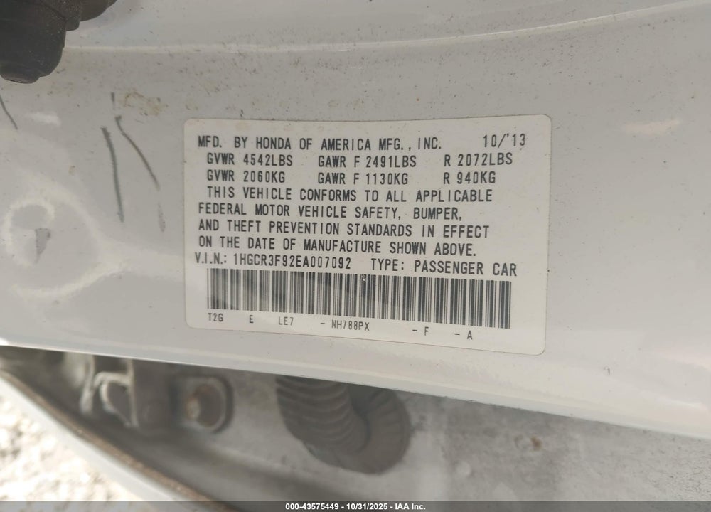 2014 HONDA ACCORD TOURING VIN: 1HGCR3F92EA007092