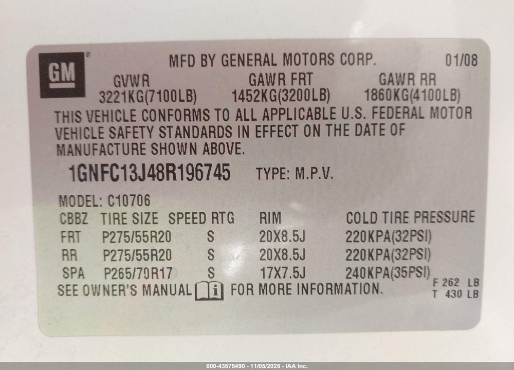 2008 CHEVROLET TAHOE LTZ VIN: 1GNFC13J48R196745