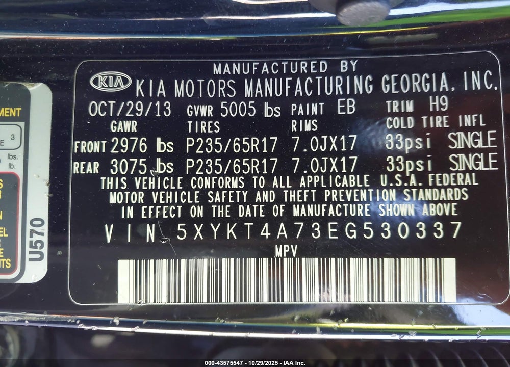 2014 KIA SORENTO LX VIN: 5XYKT4A73EG530337