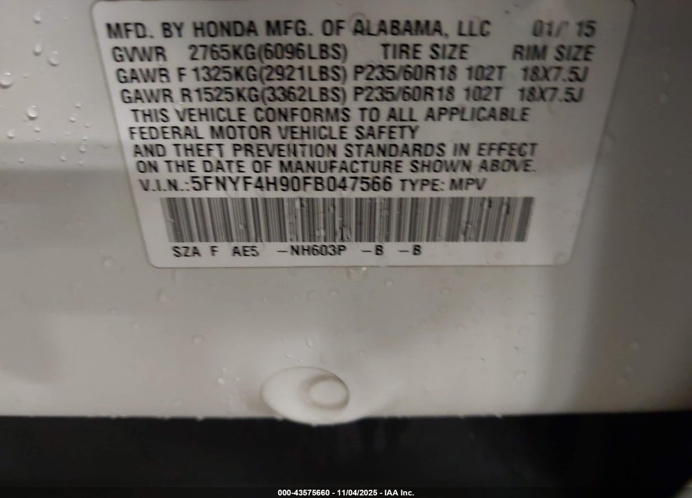 2015 HONDA PILOT TOURING VIN: 5FNYF4H90FB047566