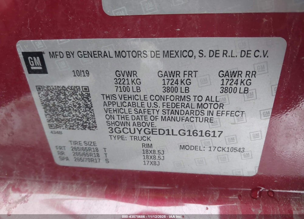 2020 CHEVROLET SILVERADO 1500 VIN: 3GCUYGED1LG161617