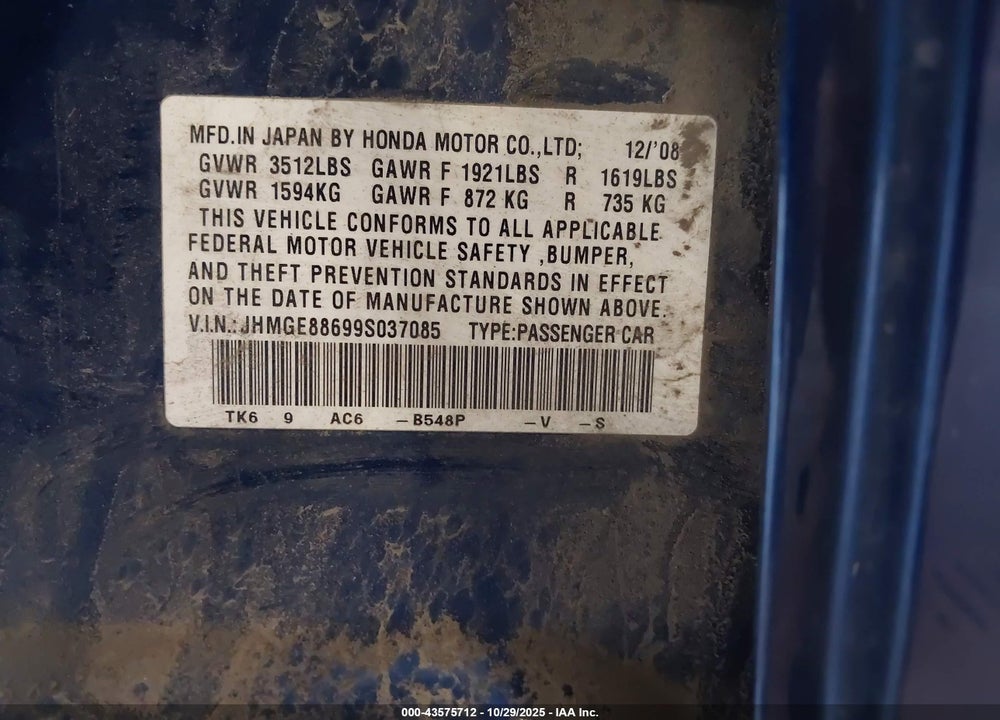 2009 HONDA FIT VIN: JHMGE88699S037085