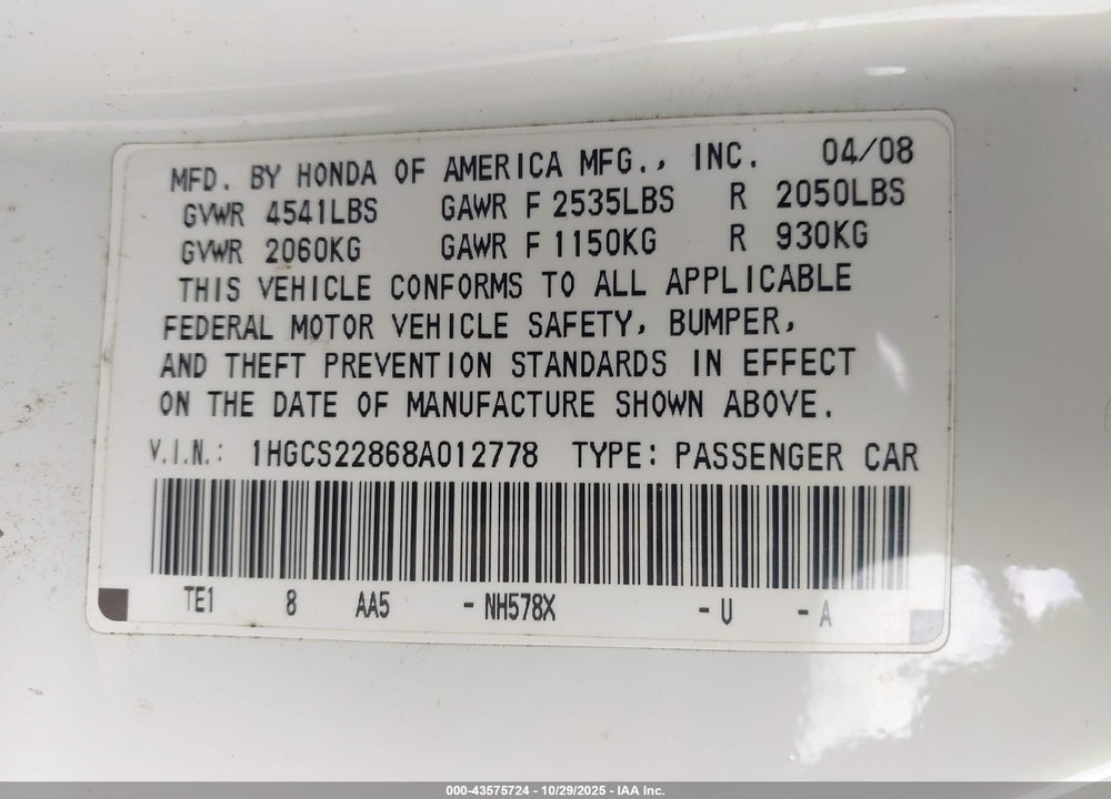 2008 HONDA ACCORD 3.5 EX-L VIN: 1HGCS22868A012778