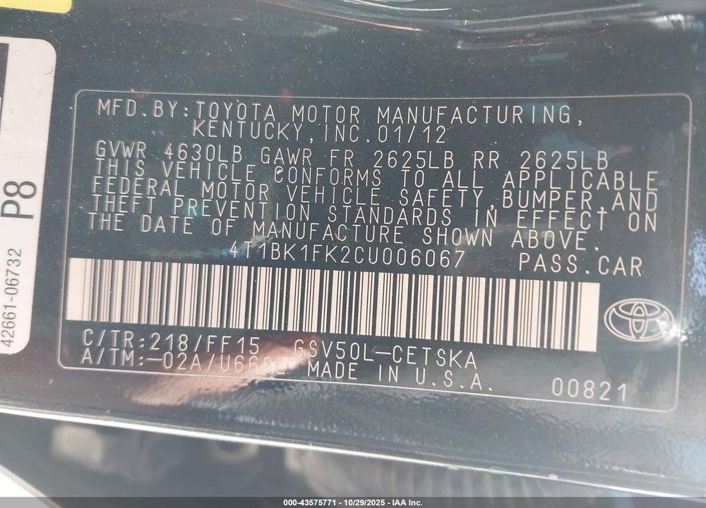 2012 TOYOTA CAMRY SE V6 VIN: 4T1BK1FK2CU006067