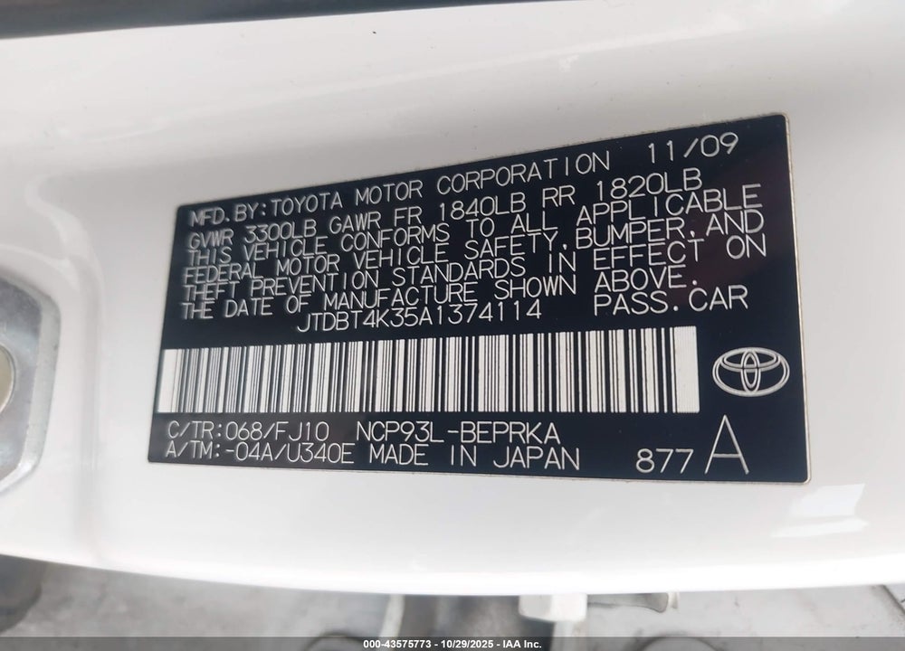 2010 TOYOTA YARIS VIN: JTDBT4K35A1374114