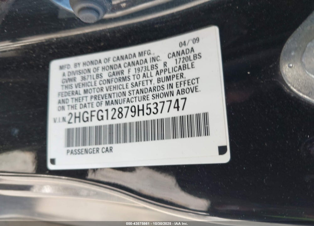 2009 HONDA CIVIC EX VIN: 2HGFG12879H537747