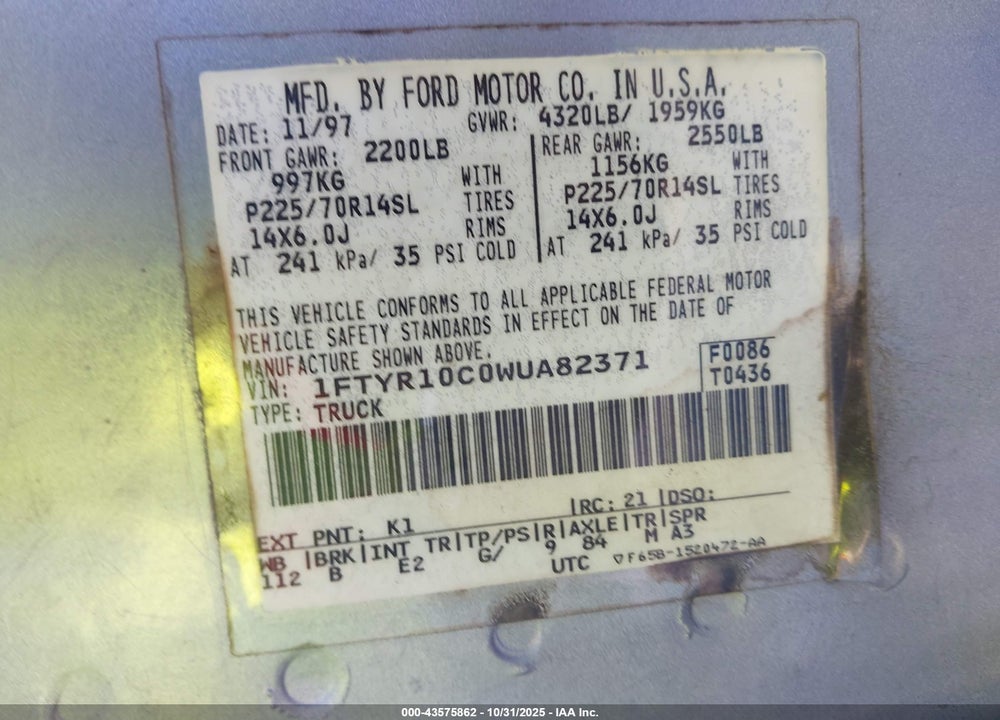 1998 FORD RANGER SPLASH/XL/XLT VIN: 1FTYR10C0WUA82371