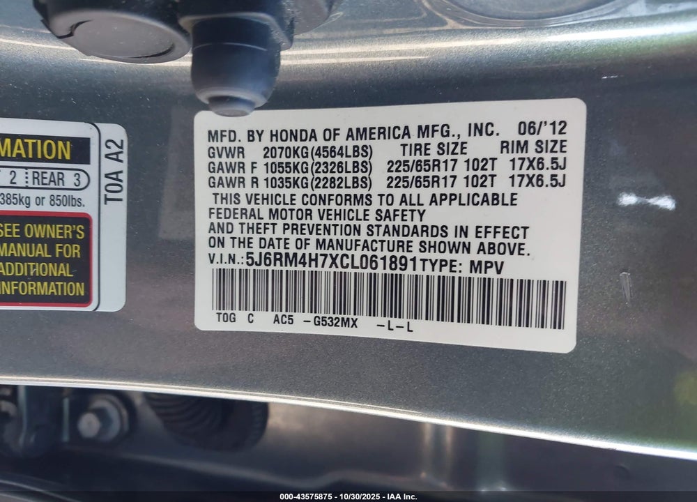 2012 HONDA CR-V EX-L VIN: 5J6RM4H7XCL061891