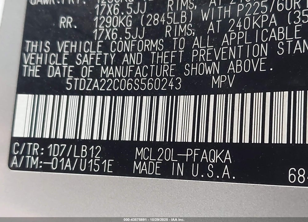 2006 TOYOTA SIENNA XLE VIN: 5TDZA22C06S560243