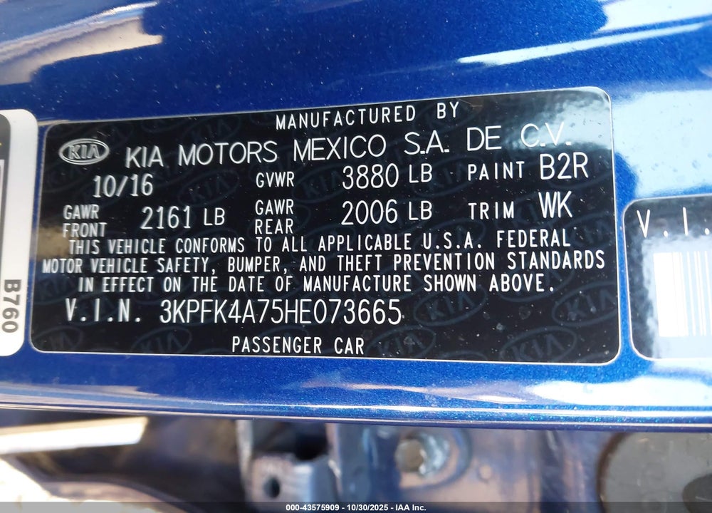 2017 KIA FORTE LX VIN: 3KPFK4A75HE073665