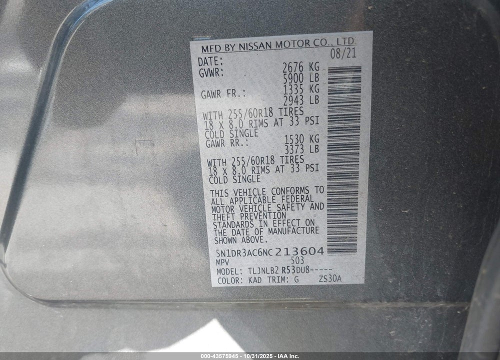 2022 NISSAN PATHFINDER S 4WD VIN: 5N1DR3AC6NC213604