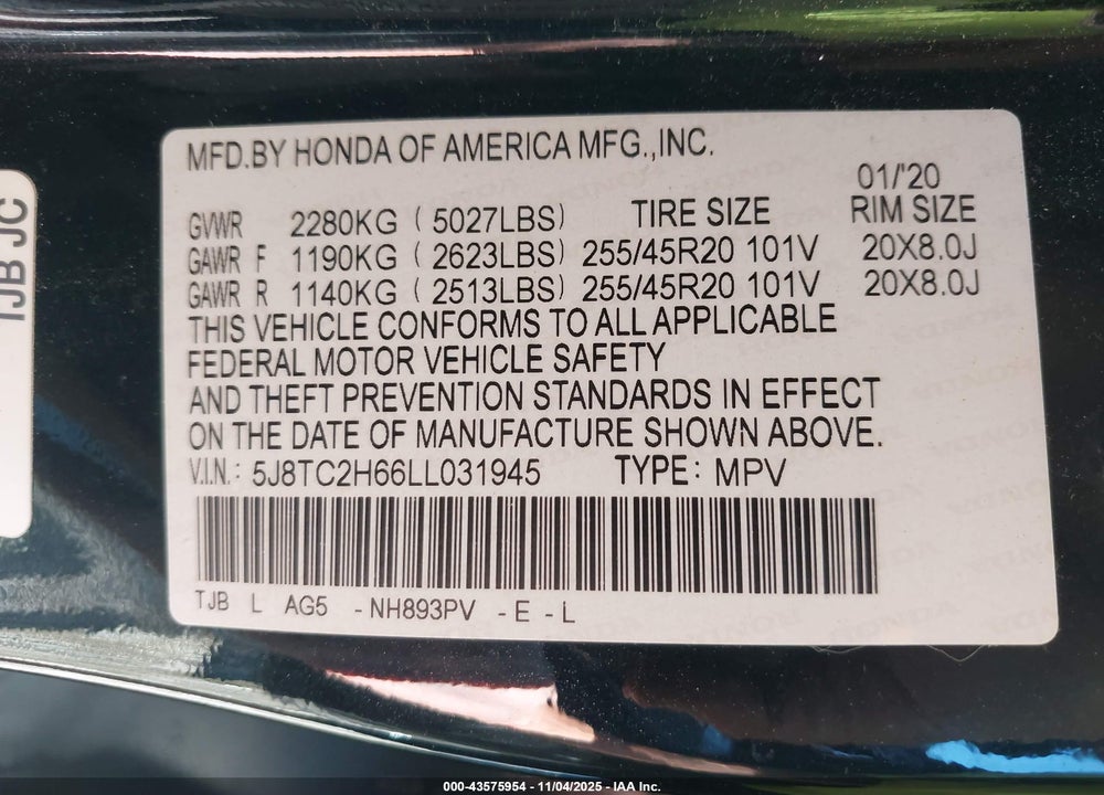 2020 ACURA RDX VIN: 5J8TC2H66LL031945