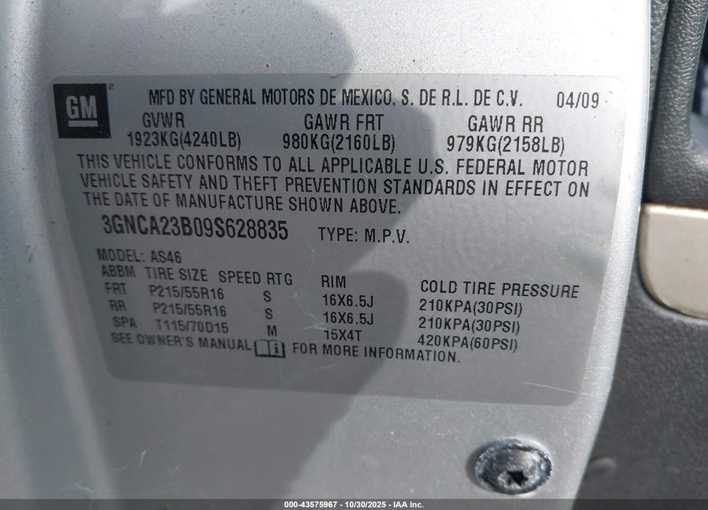 2009 CHEVROLET HHR LT VIN: 3GNCA23B09S628835