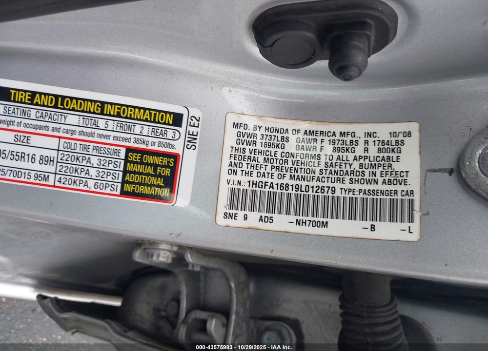 2009 HONDA CIVIC EX VIN: 1HGFA16819L012679