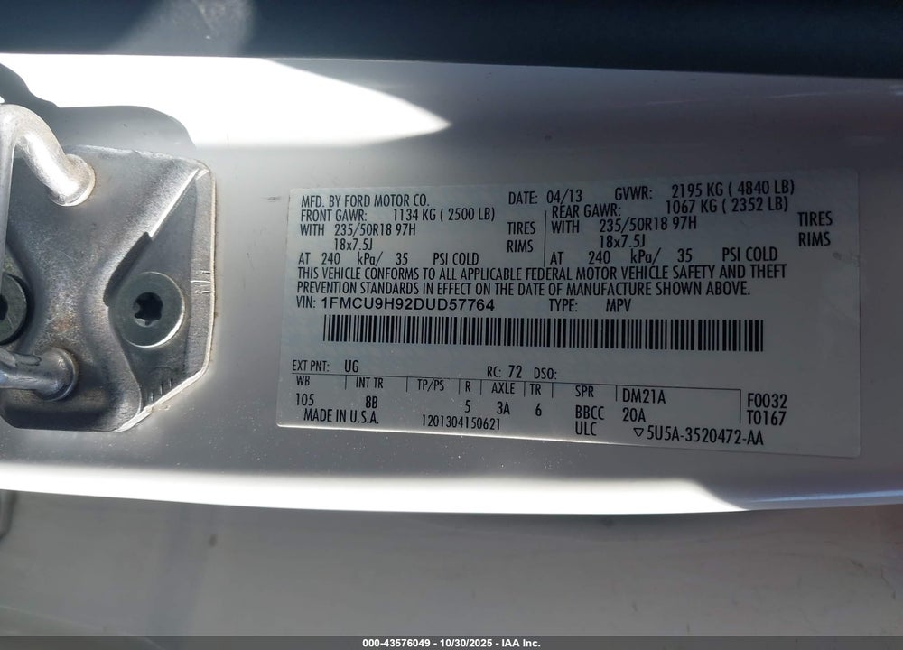 2013 FORD ESCAPE SEL VIN: 1FMCU9H92DUD57764