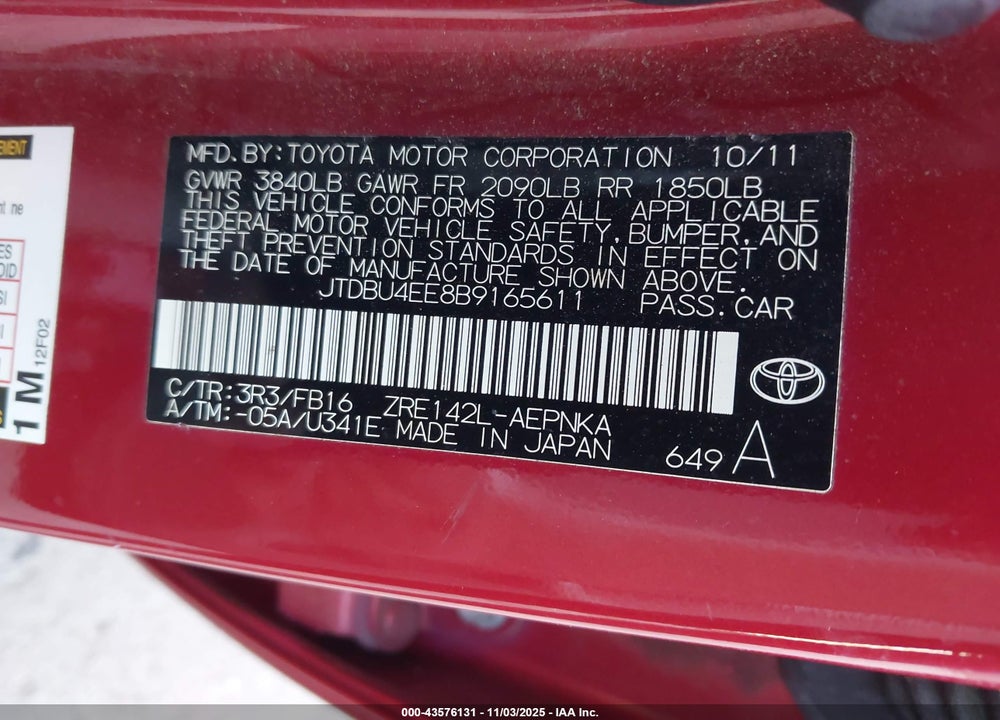 2011 TOYOTA COROLLA LE VIN: JTDBU4EE8B9165611