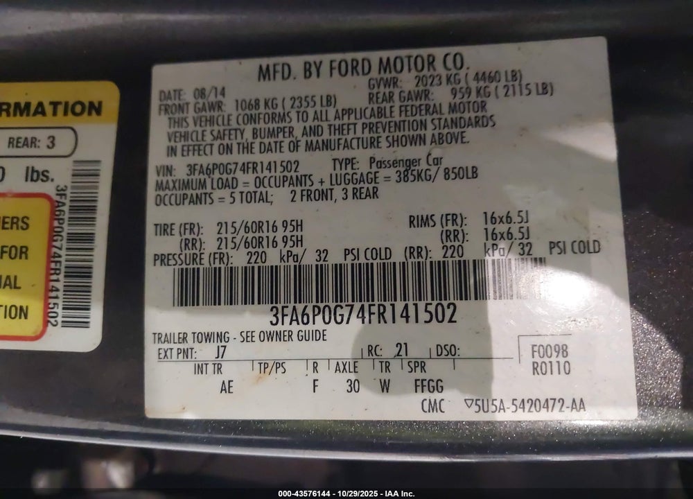 2015 FORD FUSION VIN: 3FA6P0G74FR141502