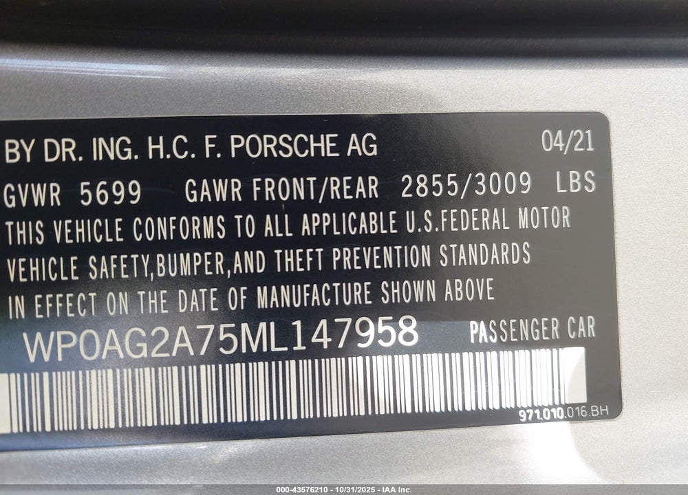 2021 PORSCHE PANAMERA GTS VIN: WP0AG2A75ML147958