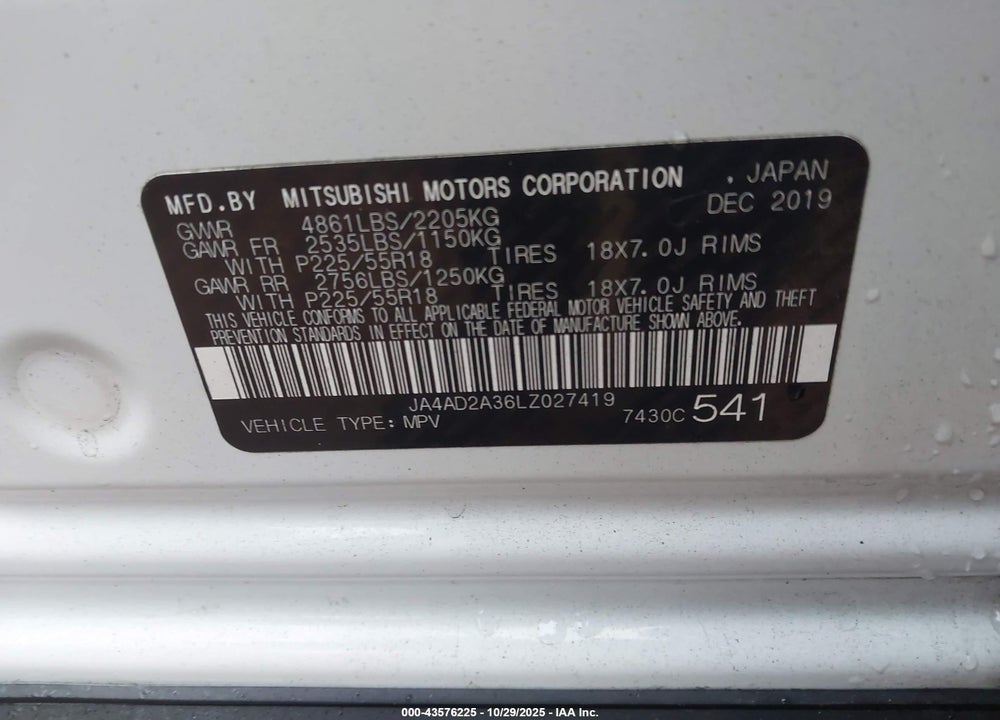 2020 MITSUBISHI OUTLANDER VIN: JA4AD2A36LZ027419