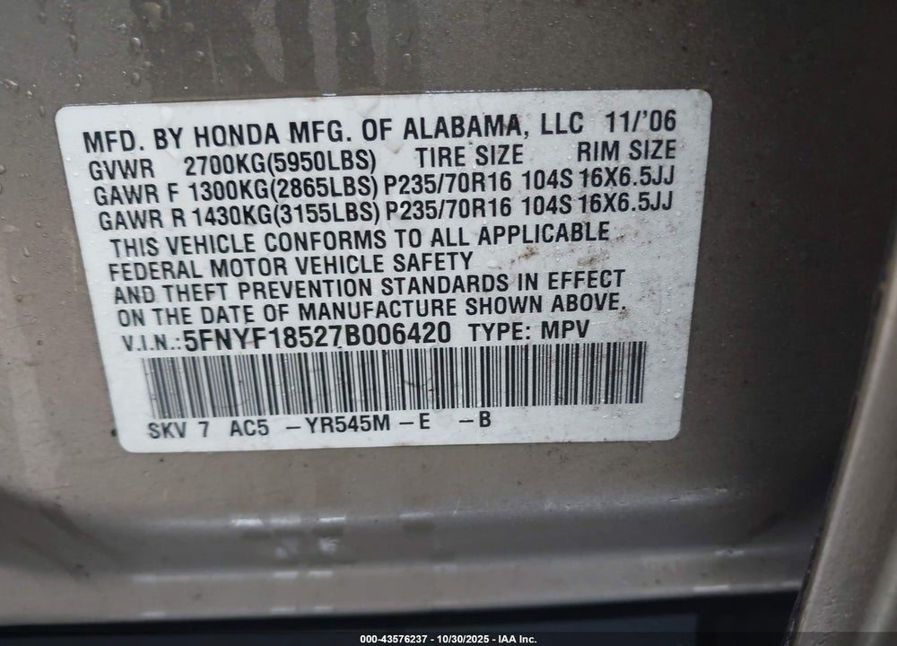 2007 HONDA PILOT EX-L VIN: 5FNYF18527B006420