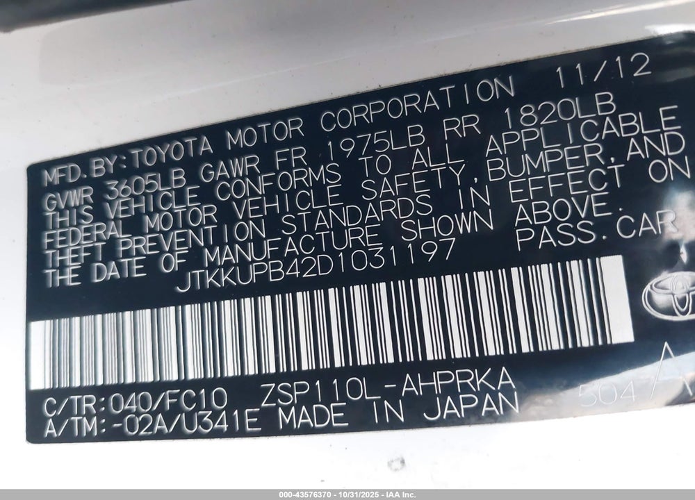 2013 SCION XD VIN: JTKKUPB42D1031197