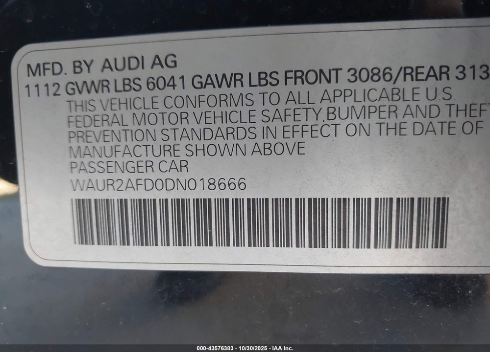 2013 AUDI A8 L 4.0T VIN: WAUR2AFD0DN018666