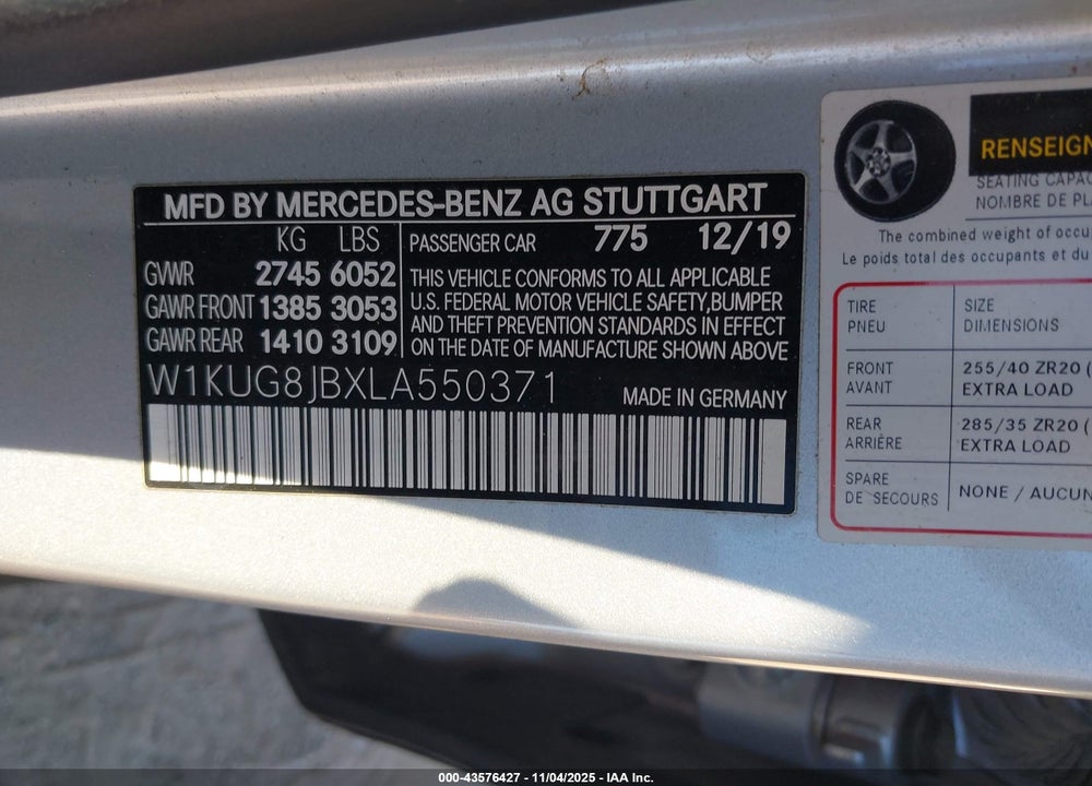 2020 MERCEDES-BENZ AMG S 63 4MATIC VIN: W1KUG8JBXLA550371
