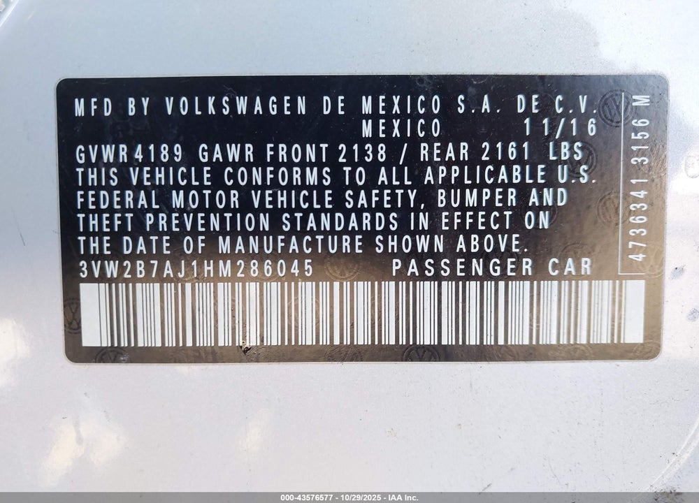 2017 VOLKSWAGEN JETTA VIN: 3VW2B7AJ1HM286045