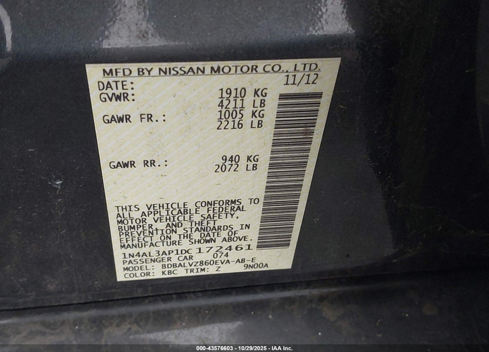 2013 NISSAN ALTIMA VIN: 1N4AL3AP1DC172461