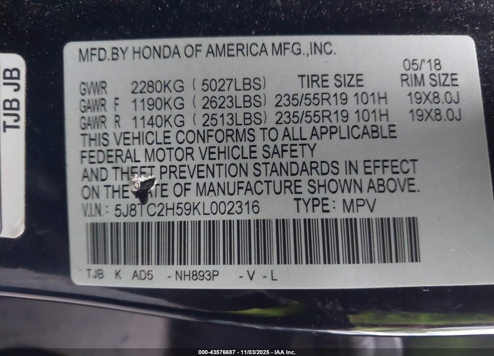 2019 ACURA RDX VIN: 5J8TC2H59KL002316