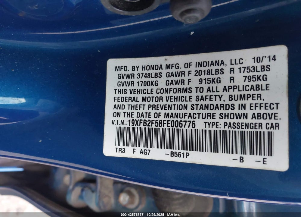 2015 HONDA CIVIC LX VIN: 19XFB2F58FE006776