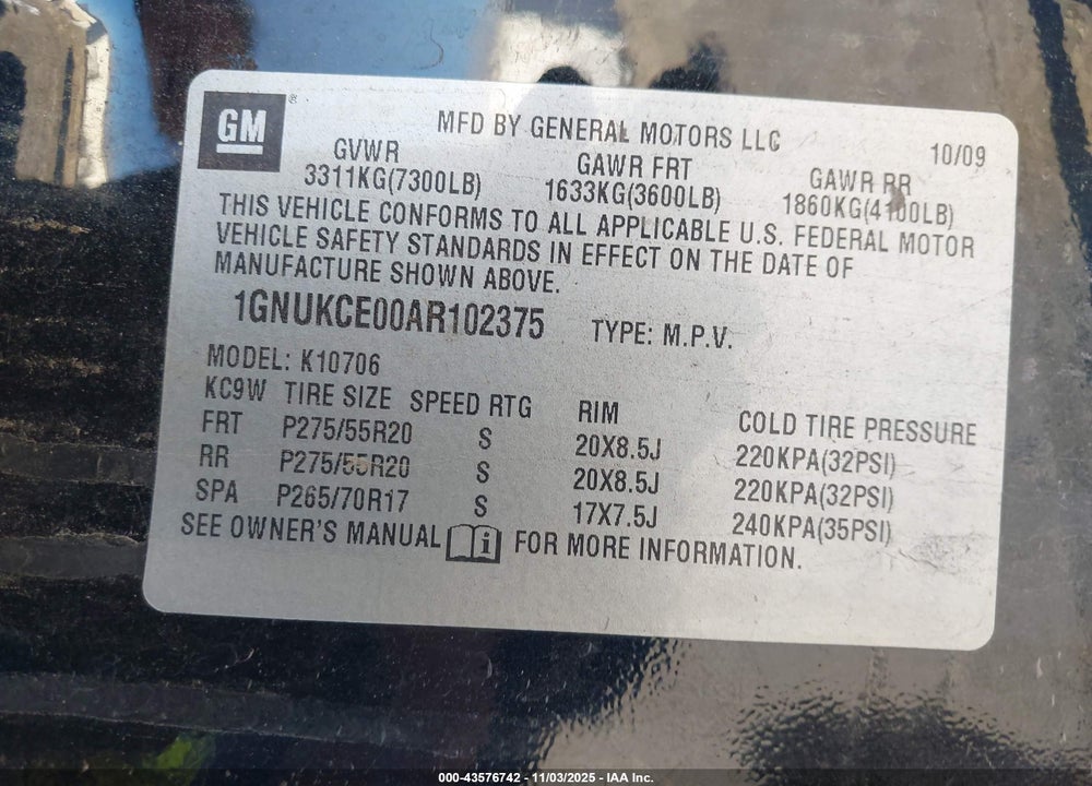 2010 CHEVROLET TAHOE LTZ VIN: 1GNUKCE00AR102375