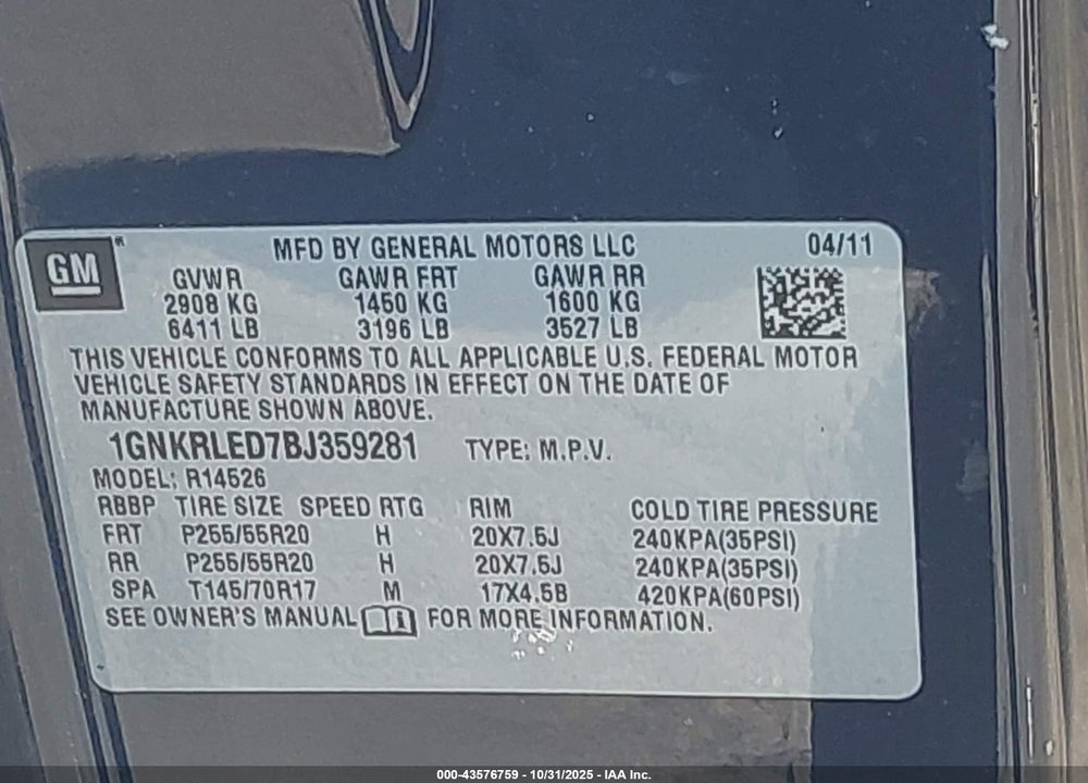 2011 CHEVROLET TRAVERSE LTZ VIN: 1GNKRLED7BJ359281