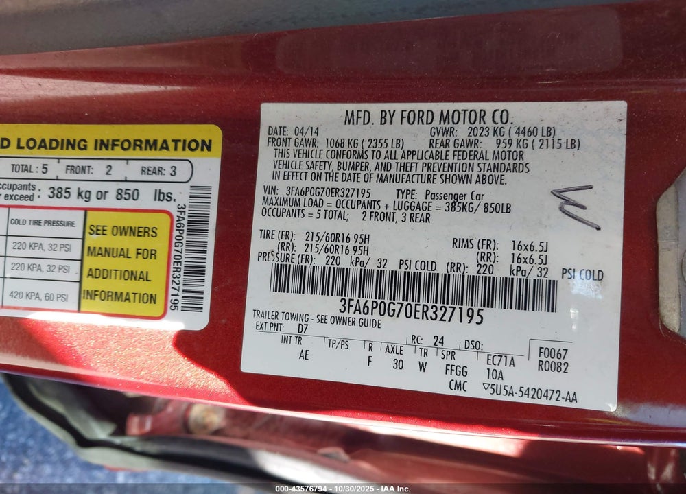 2014 FORD FUSION S VIN: 3FA6P0G70ER327195