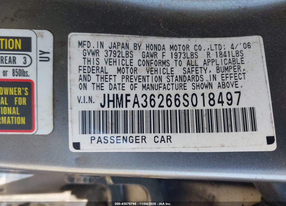 2006 HONDA CIVIC HYBRID VIN: JHMFA36266S018497