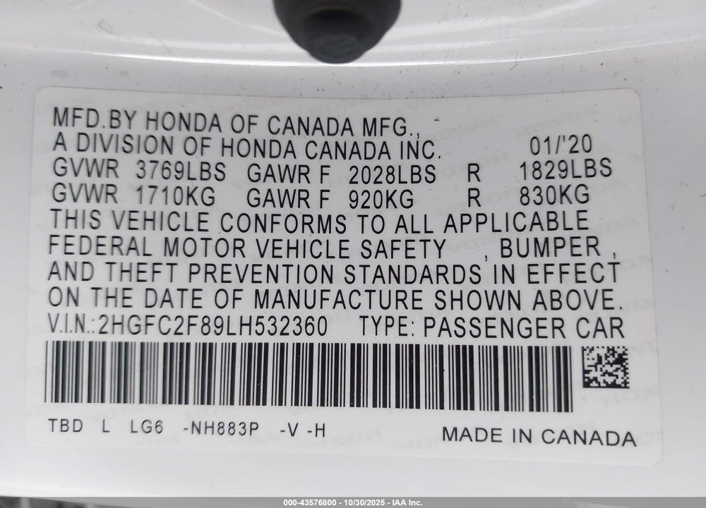2020 HONDA CIVIC SPORT VIN: 2HGFC2F89LH532360