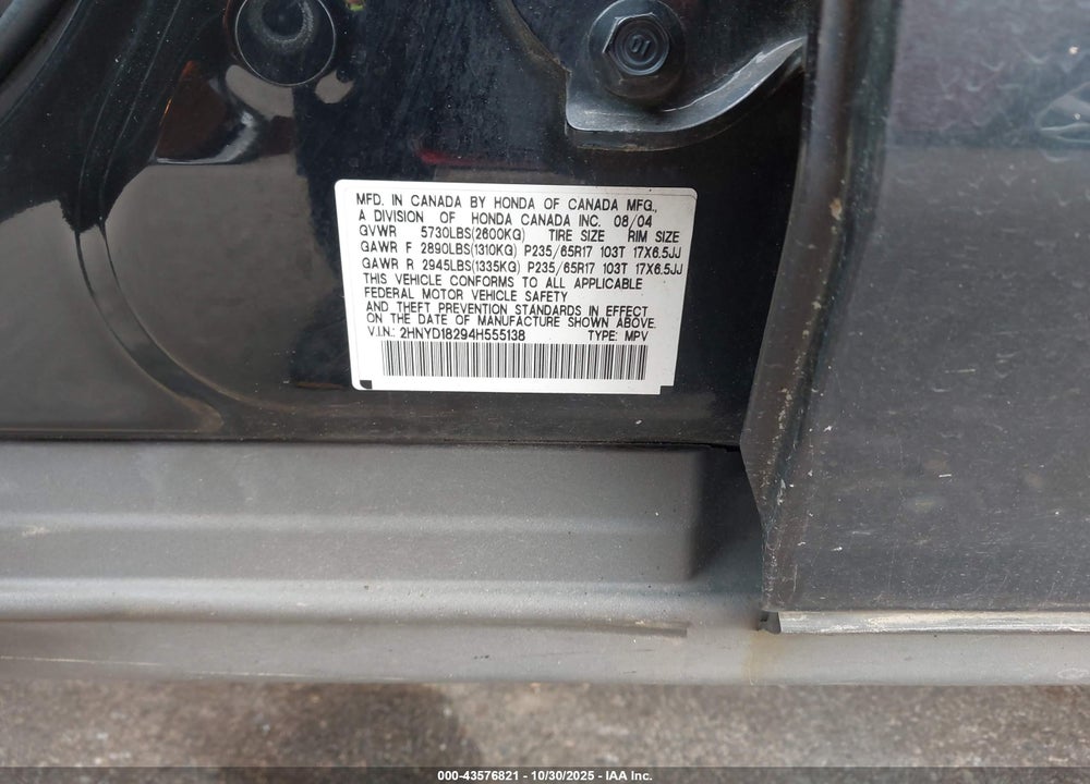 2004 ACURA MDX VIN: 2HNYD18294H555138
