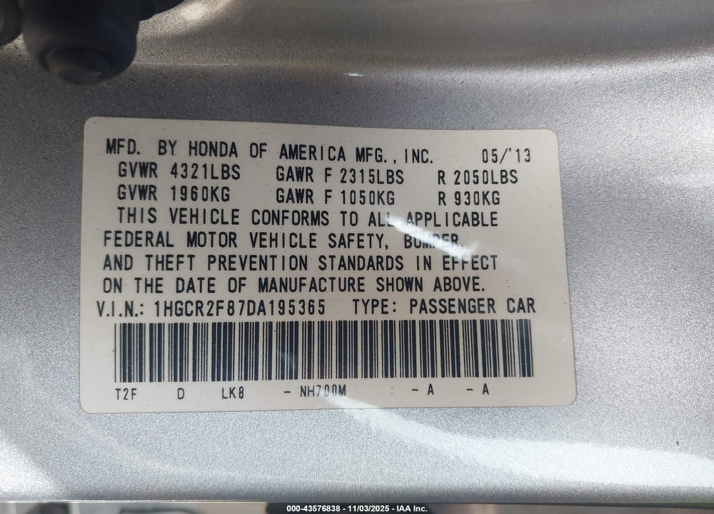2013 HONDA ACCORD EX-L VIN: 1HGCR2F87DA195365
