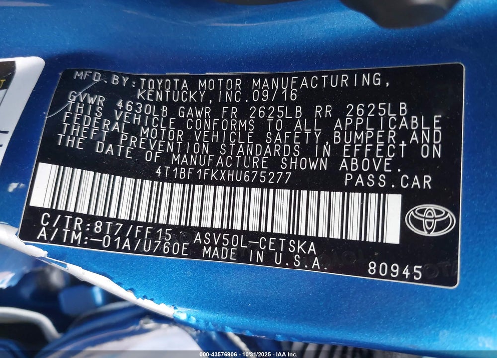 2017 TOYOTA CAMRY VIN: 4T1BF1FKXHU675277