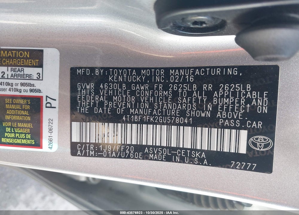 2016 TOYOTA CAMRY SE VIN: 4T1BF1FK2GU578041