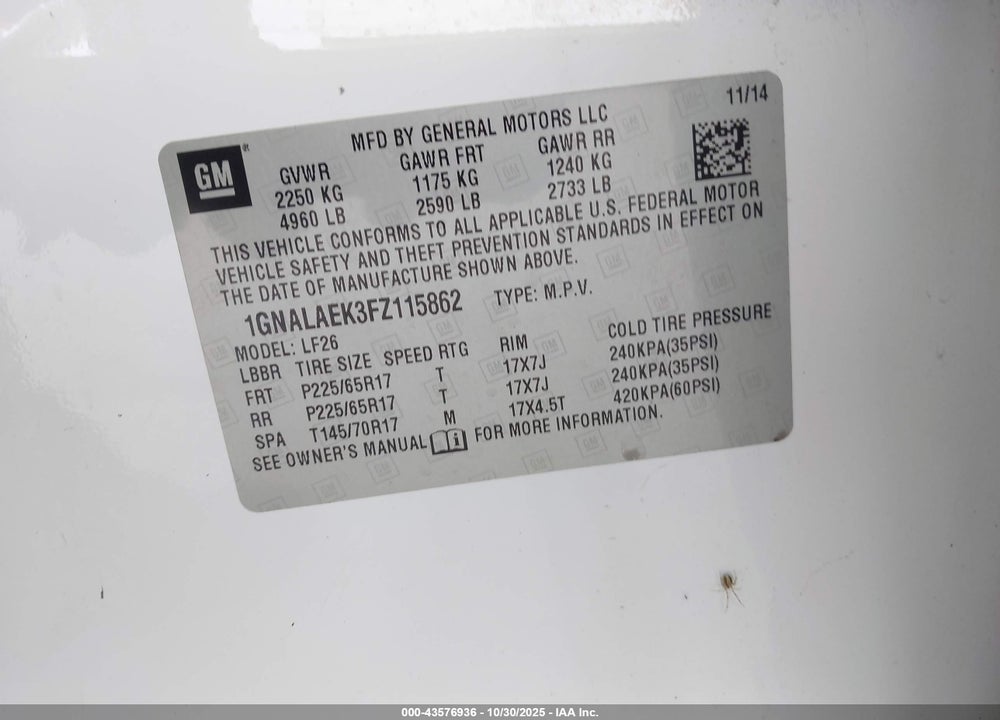 2015 CHEVROLET EQUINOX LS VIN: 1GNALAEK3FZ115862