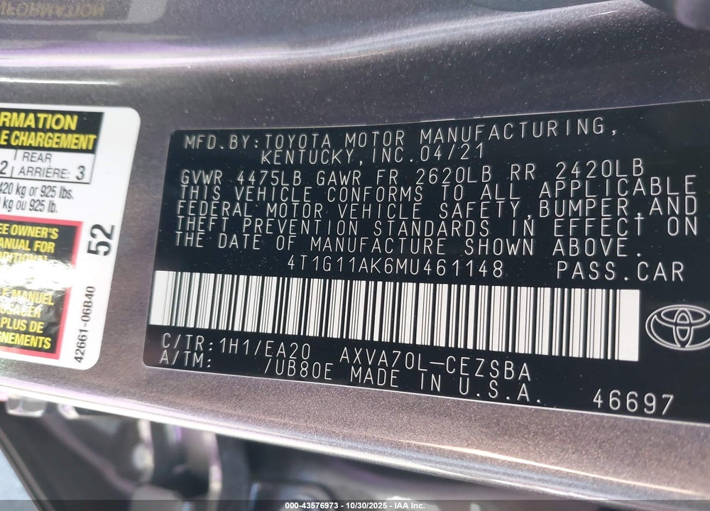 2021 TOYOTA CAMRY VIN: 4T1G11AK6MU461148