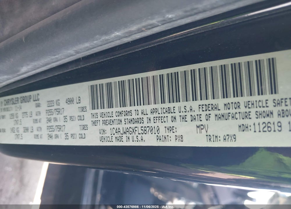 2015 JEEP WRANGLER SPORT VIN: 1C4AJWAGXFL587010