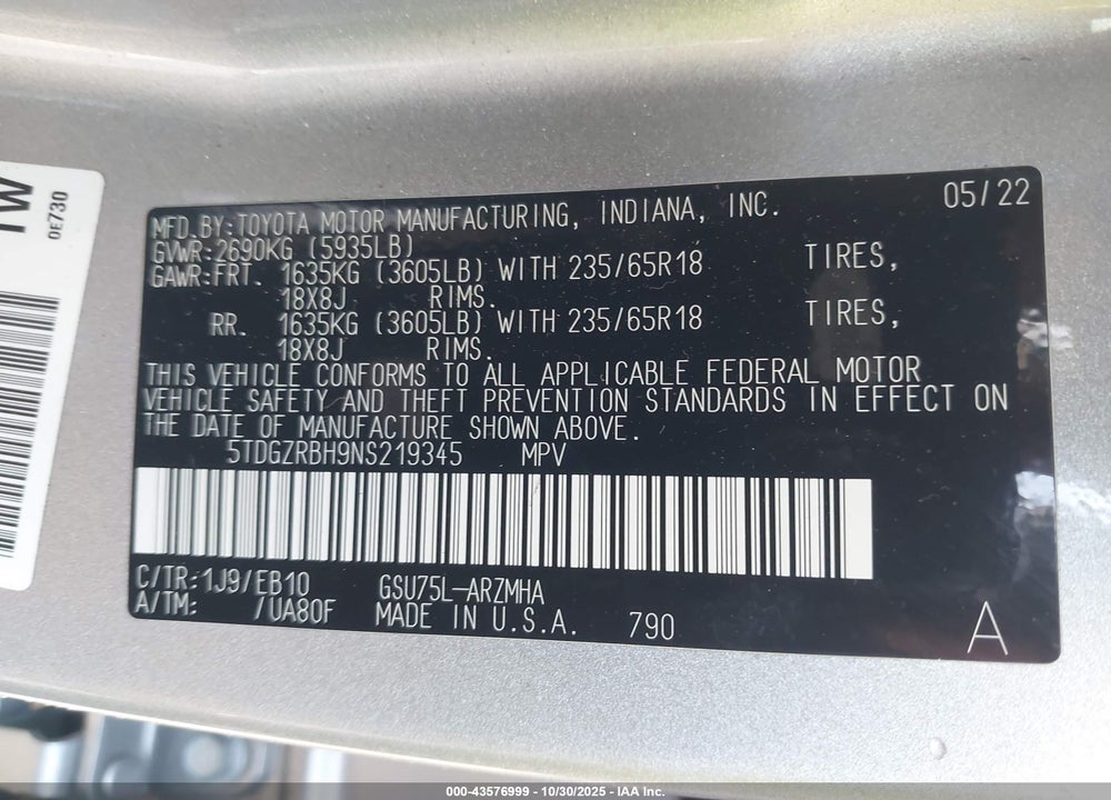 2022 TOYOTA HIGHLANDER XLE VIN: 5TDGZRBH9NS219345