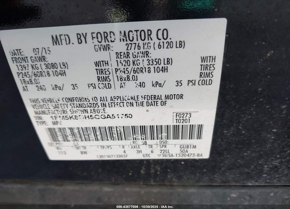 2016 FORD EXPLORER XLT VIN: 1FM5K8DH5GGA51750