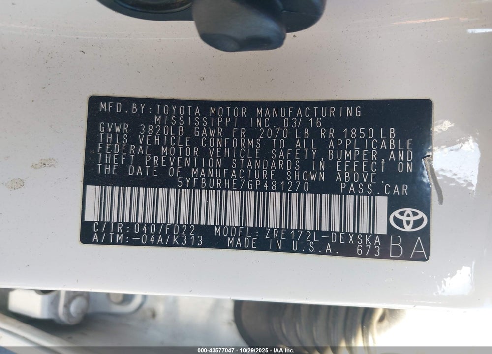 2016 TOYOTA COROLLA S PLUS VIN: 5YFBURHE7GP481270