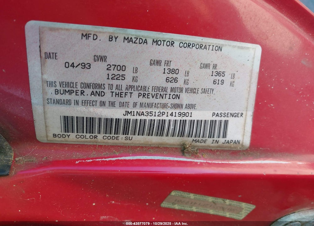 1993 MAZDA MX-5 MIATA VIN: JM1NA3512P1419901